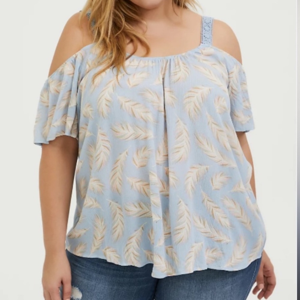 Torrid Cold Shoulder Feather Print Top 0 Light Blue Flowy Boho Blouse